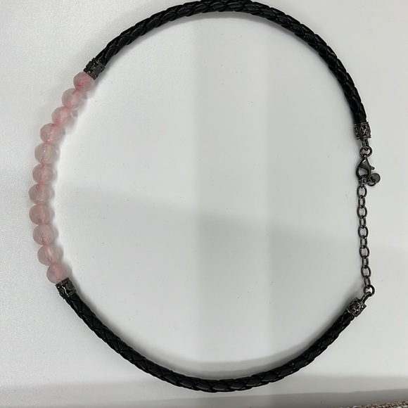 Rose Quartz Braided Black Leather Sterling Silver Adjustable Choker Necklace - Picture 6 of 11